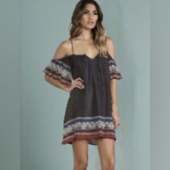Free People Boho Mini Dress White Blue Cold Shoulder Short Flutter Sleeve Small - Picture 1 of 6
